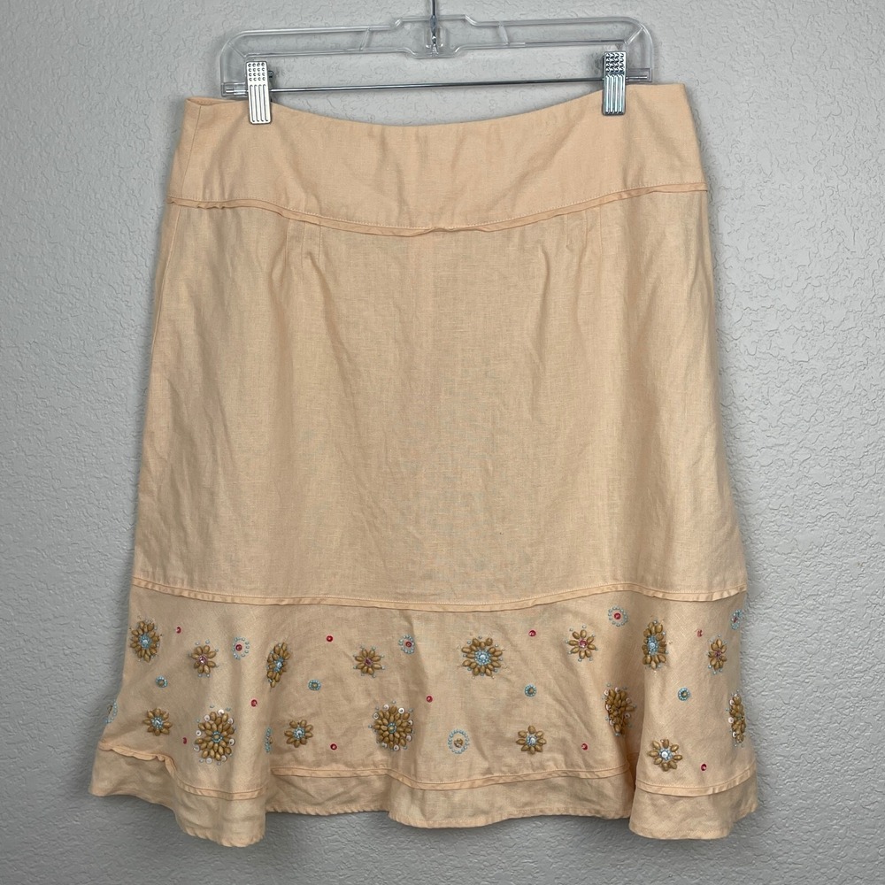 J. Jill Skirt Womens 12 Petite Peach Floral Beaded Hem 100%‎ Linen Lagenlook